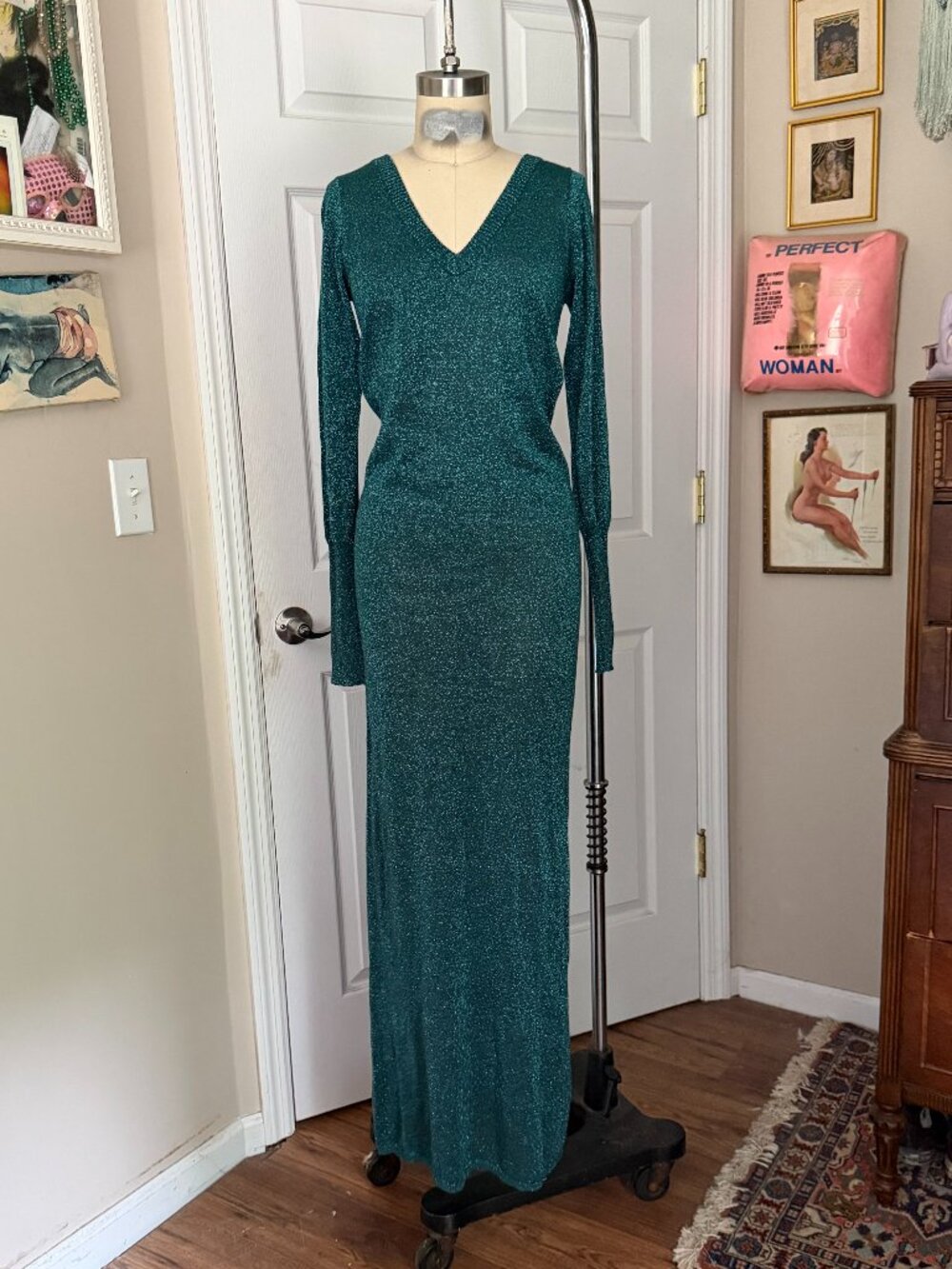 JOYCE LESLIE Green Metallic Y2K Open Back CORSET Lace-Up Maxi Dress Gown *LARGE*